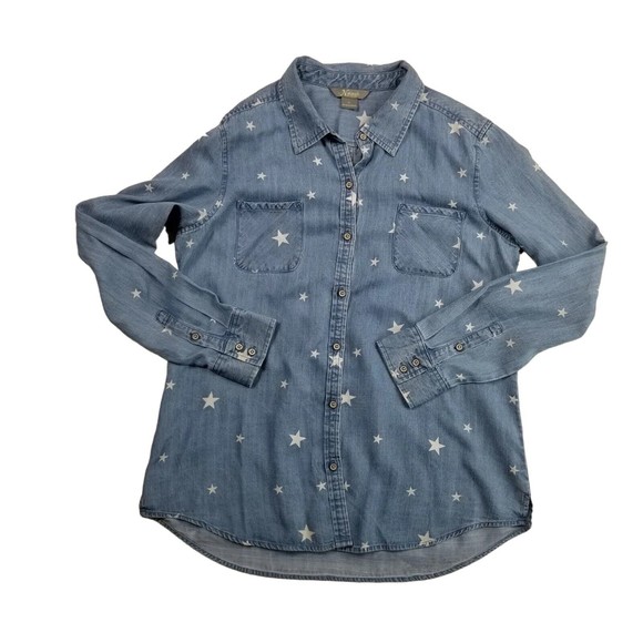 Natural Reflections Button Up Chambray Shirt Womens Sz M Star Print Blue Lyocell - Picture 12 of 14